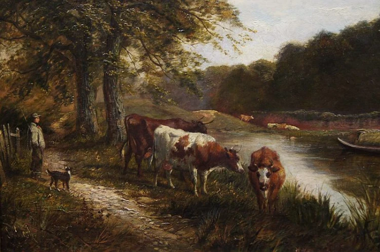 Samuel Joseph Clark - XIX wieczny angielski pejzaż olejny z krowami