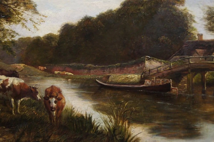 Samuel Joseph Clark - XIX wieczny angielski pejzaż olejny z krowami