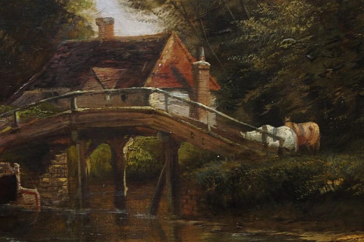 Samuel Joseph Clark - XIX wieczny angielski pejzaż olejny z krowami