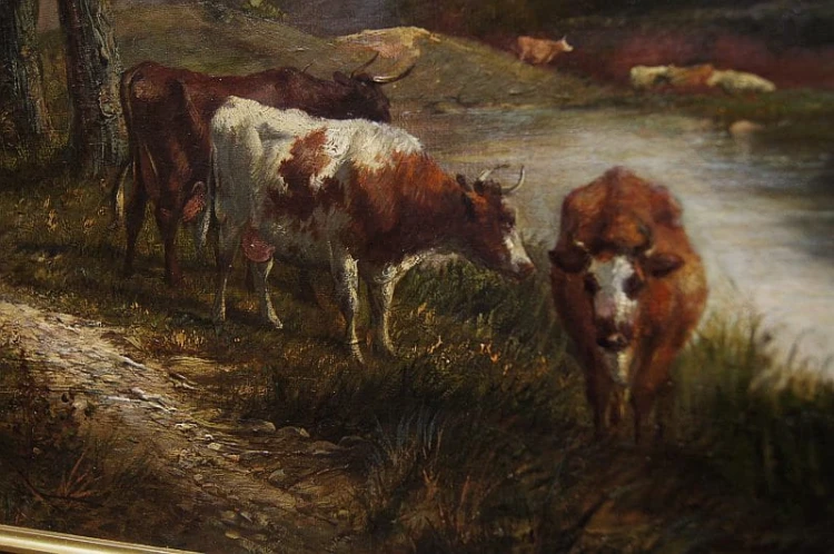 Samuel Joseph Clark - XIX wieczny angielski pejzaż olejny z krowami
