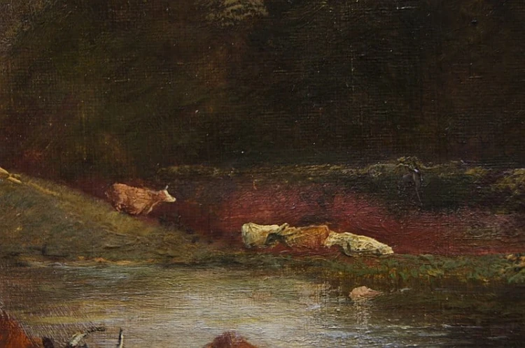 Samuel Joseph Clark - XIX wieczny angielski pejzaż olejny z krowami