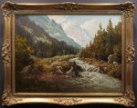 Pejzaż alpejski z rwącym potokiem oryginalny obraz Johannes Bochmann ur. 1922