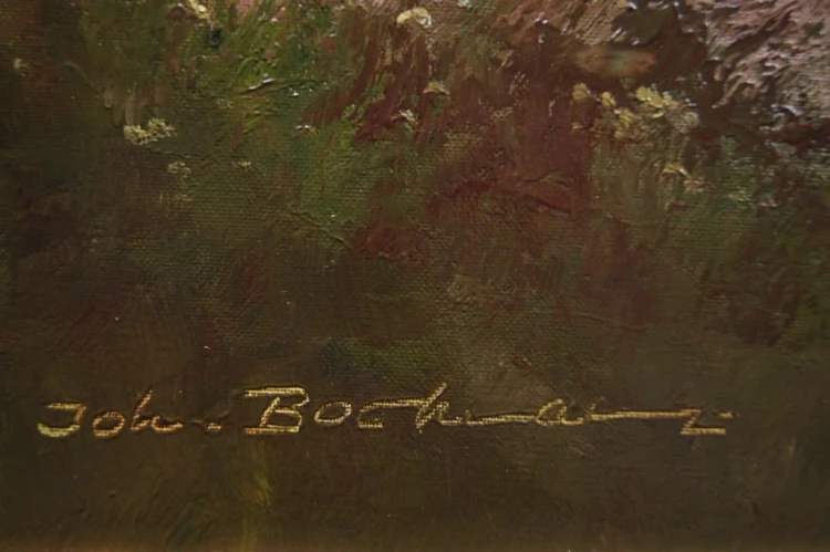 Pejzaż alpejski z rwącym potokiem oryginalny obraz Johannes Bochmann ur. 1922