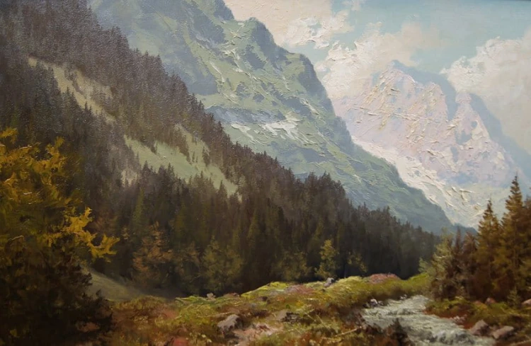 Pejzaż alpejski z rwącym potokiem oryginalny obraz Johannes Bochmann ur. 1922