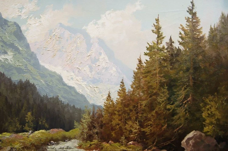 Pejzaż alpejski z rwącym potokiem oryginalny obraz Johannes Bochmann ur. 1922