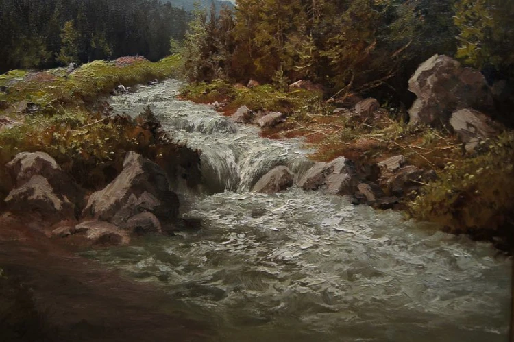 Pejzaż alpejski z rwącym potokiem oryginalny obraz Johannes Bochmann ur. 1922