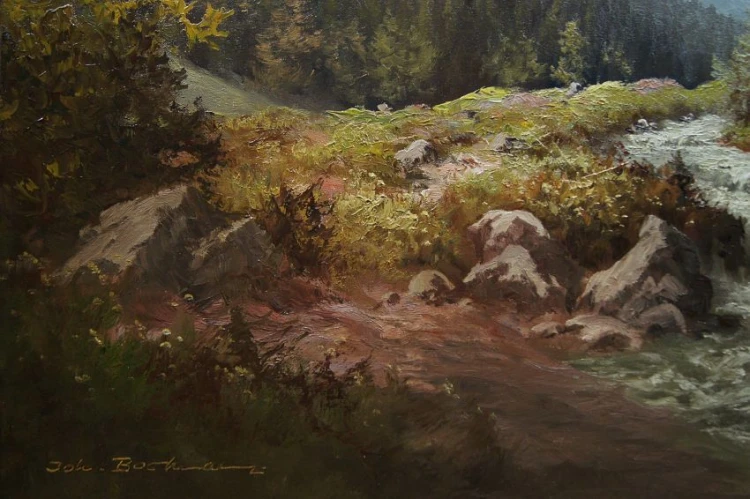 Pejzaż alpejski z rwącym potokiem oryginalny obraz Johannes Bochmann ur. 1922