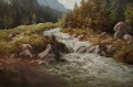 Pejzaż alpejski z rwącym potokiem oryginalny obraz Johannes Bochmann ur. 1922
