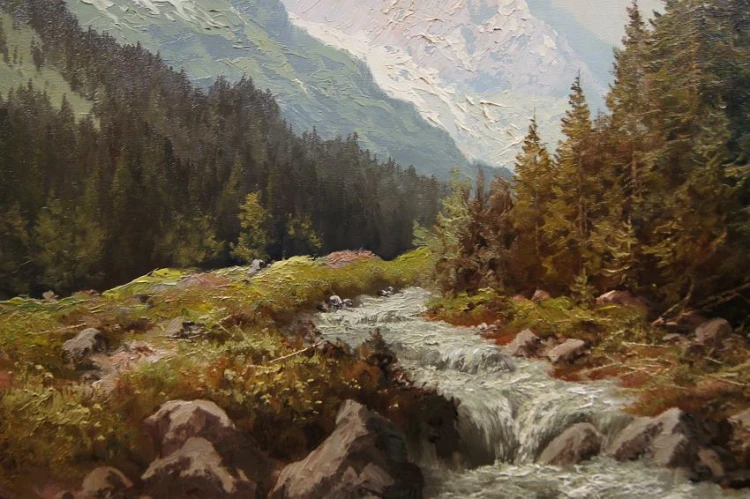 Pejzaż alpejski z rwącym potokiem oryginalny obraz Johannes Bochmann ur. 1922