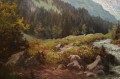 Pejzaż alpejski z rwącym potokiem oryginalny obraz Johannes Bochmann ur. 1922