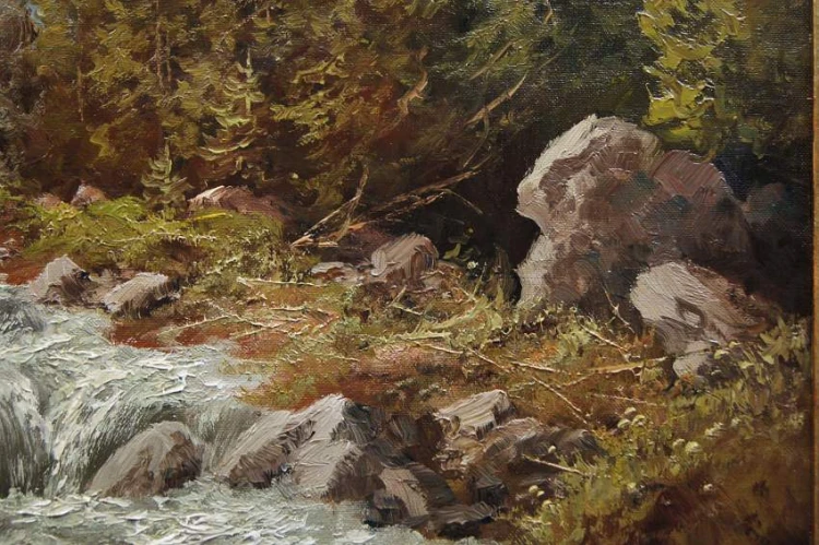 Pejzaż alpejski z rwącym potokiem oryginalny obraz Johannes Bochmann ur. 1922
