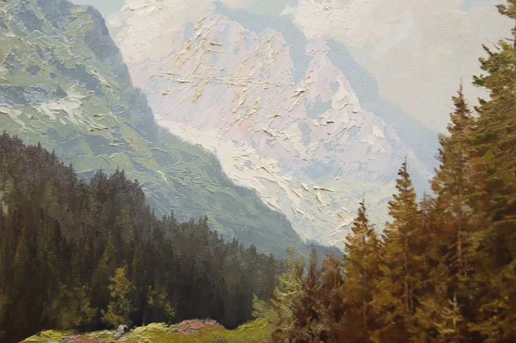 Pejzaż alpejski z rwącym potokiem oryginalny obraz Johannes Bochmann ur. 1922