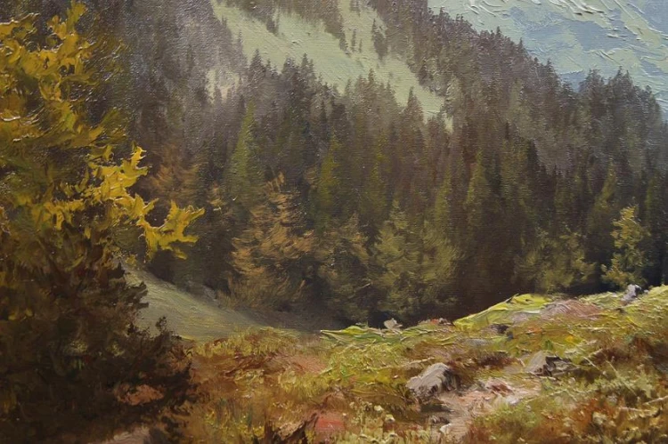 Pejzaż alpejski z rwącym potokiem oryginalny obraz Johannes Bochmann ur. 1922