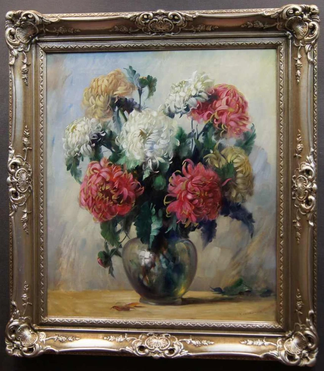 Bunte Chrysanthemen in einem Ölgemälde von Helmuth Andreas Volkwein