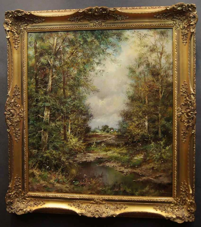 Fritz Mühlen Waldlandschaft mit Teich und ländlicher Siedlung