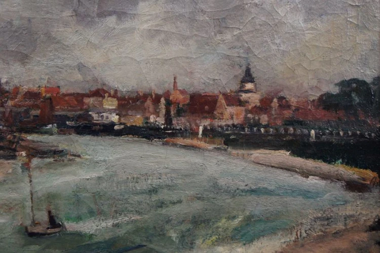 Georg Hambüchen - Łodzie na rzece na tle panoramy miasta niemieckie malarstwo