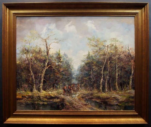 Duży obraz olejny - Polowanie na koniach malarstwo szpachlowe Martin Mooser