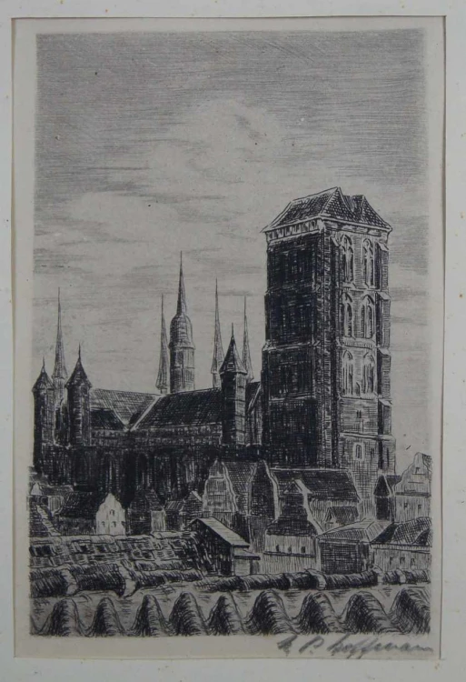 Gdańsk grafika widok na Bazylika Mariacka E.P. Hoffmann