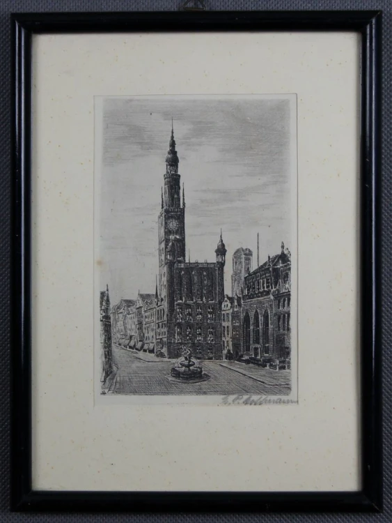 Gdańsk grafika widok na Ratusz i Dwór Artusa E.P. Hoffmann