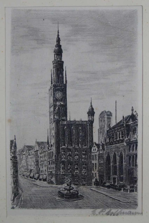 Gdańsk grafika widok na Ratusz i Dwór Artusa E.P. Hoffmann