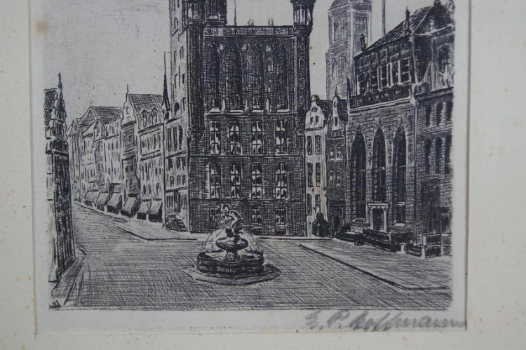 Gdańsk grafika widok na Ratusz i Dwór Artusa E.P. Hoffmann