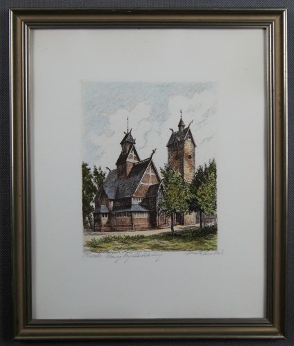 Karpacz - Świątynia Wang grafika kolorowa Helma Fischer Oels