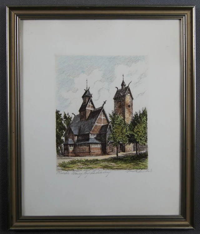 Karpacz - Świątynia Wang grafika kolorowa Helma Fischer Oels