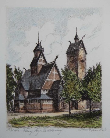 Karpacz - Świątynia Wang grafika kolorowa Helma Fischer Oels
