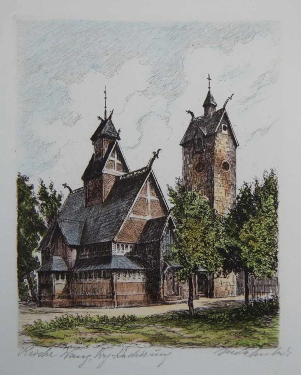 Karpacz - Świątynia Wang grafika kolorowa Helma Fischer Oels