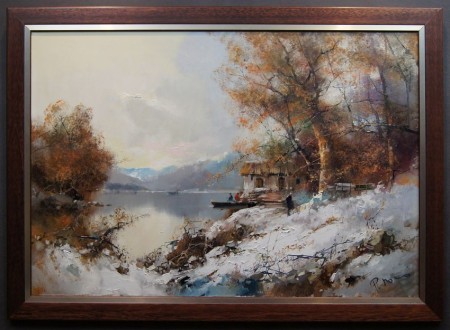 Zimowa sceneria z nad jeziora obraz olejny Paul Morro (1925-2013)