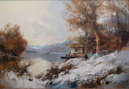 Zimowa sceneria z nad jeziora obraz olejny Paul Morro (1925-2013)