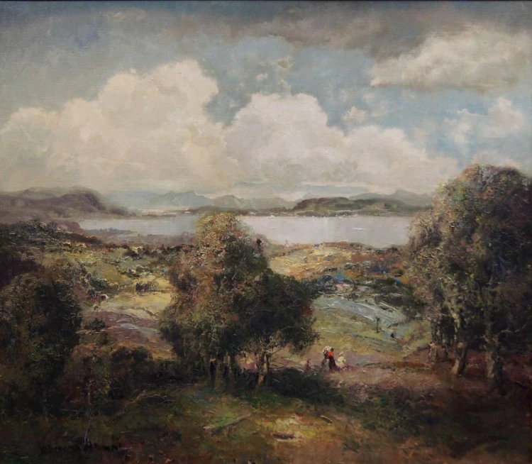 Maifeiertag auf der Märchenwiese altes Ölgemälde von Ludwig Gschossmann