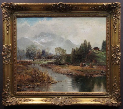 Wiejski pejzaż ze snopkami w tle malarstwo aukcyjne Ludwiga Gschossmanna