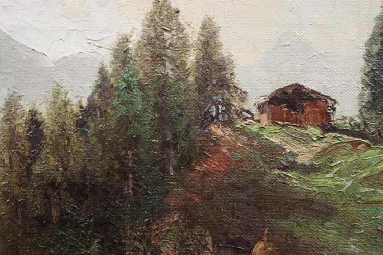 Wiejski pejzaż ze snopkami w tle malarstwo aukcyjne Ludwiga Gschossmanna