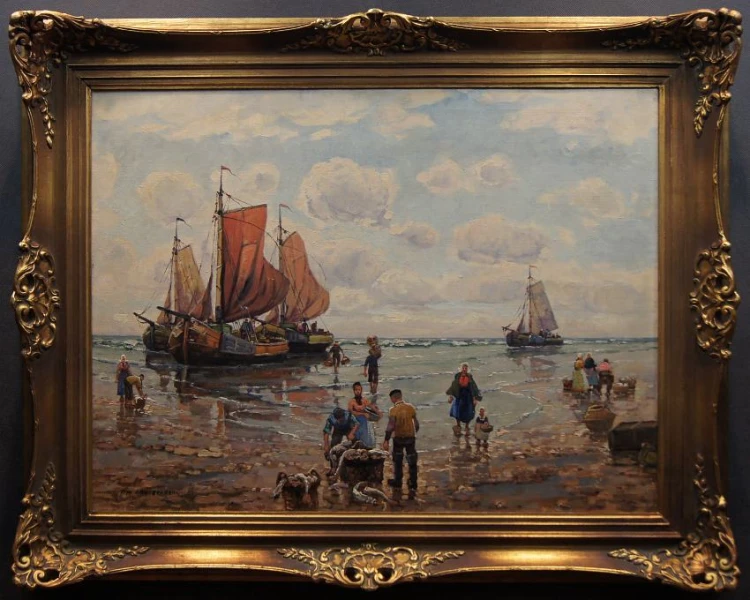 Powrót z połowów stary obraz olejny F. M. Richter Reich