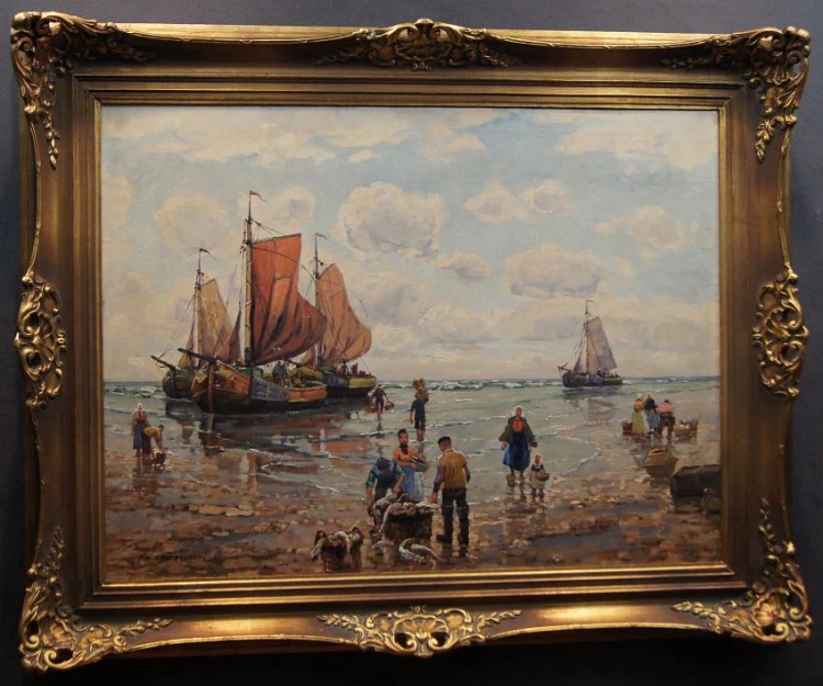 Rückkehr vom Angeln altes Ölgemälde von F. M. Richter Reich