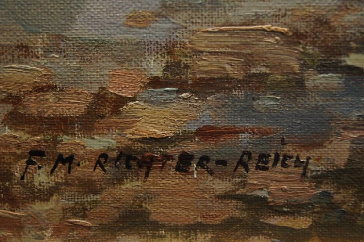 Powrót z połowów stary obraz olejny F. M. Richter Reich