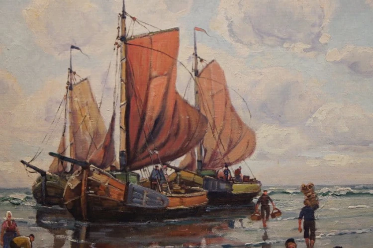 Powrót z połowów stary obraz olejny F. M. Richter Reich