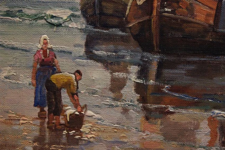 Powrót z połowów stary obraz olejny F. M. Richter Reich
