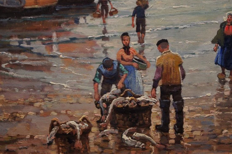 Powrót z połowów stary obraz olejny F. M. Richter Reich