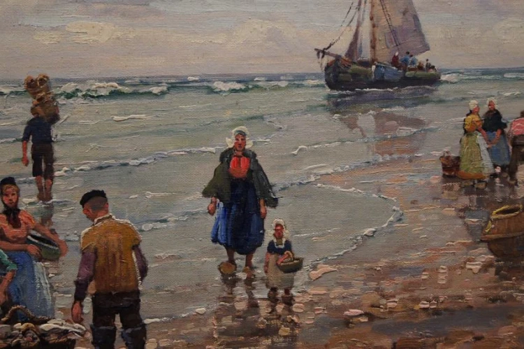 Powrót z połowów stary obraz olejny F. M. Richter Reich