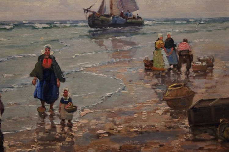 Powrót z połowów stary obraz olejny F. M. Richter Reich