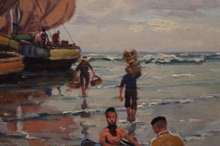 Powrót z połowów stary obraz olejny F. M. Richter Reich