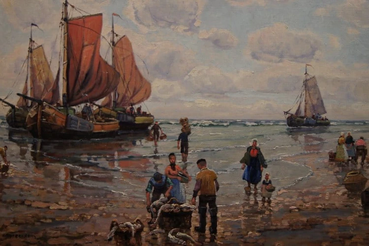 Powrót z połowów stary obraz olejny F. M. Richter Reich