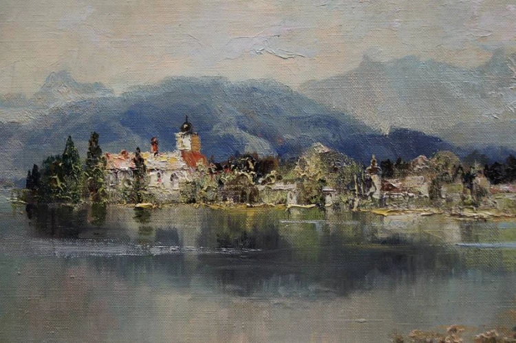 Zamek Orth Górna Austria Gmunden stary obraz olejny Ludwig Gschossmann
