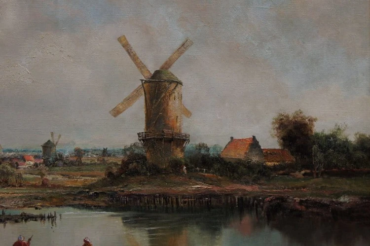 Pejzaż z wiatrakiem z Moorslede Belgia duży obraz Ludwig Gschossmann