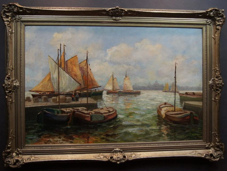 Kutter im Hafen altes Ölgemälde von Josef Dederichs