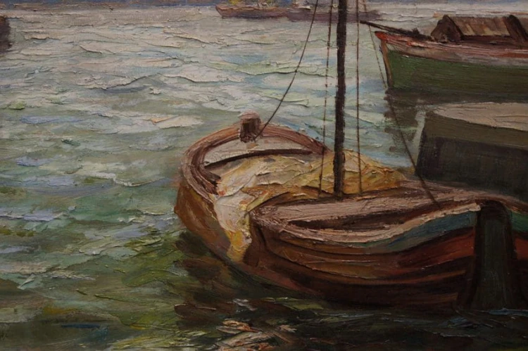 Kutry w porcie stary obraz olejny Josef Dederichs