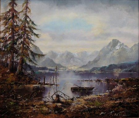Jesienny pejzaż z nad jeziora Eibsee z górami w tle Friedrich Karl Thauer