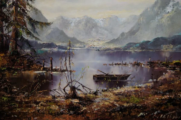 Jesienny pejzaż z nad jeziora Eibsee z górami w tle Friedrich Karl Thauer
